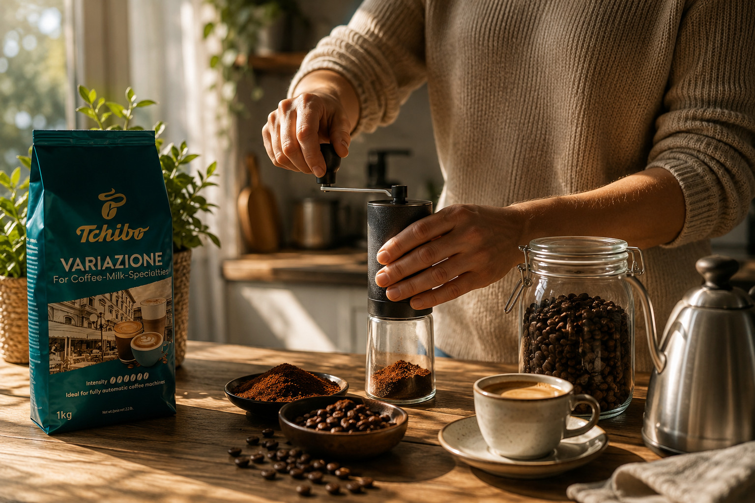 Mletí čerstvé zrnkové kávy doma pomocí mlýnku pro zachování aroma a kvality coffee beans